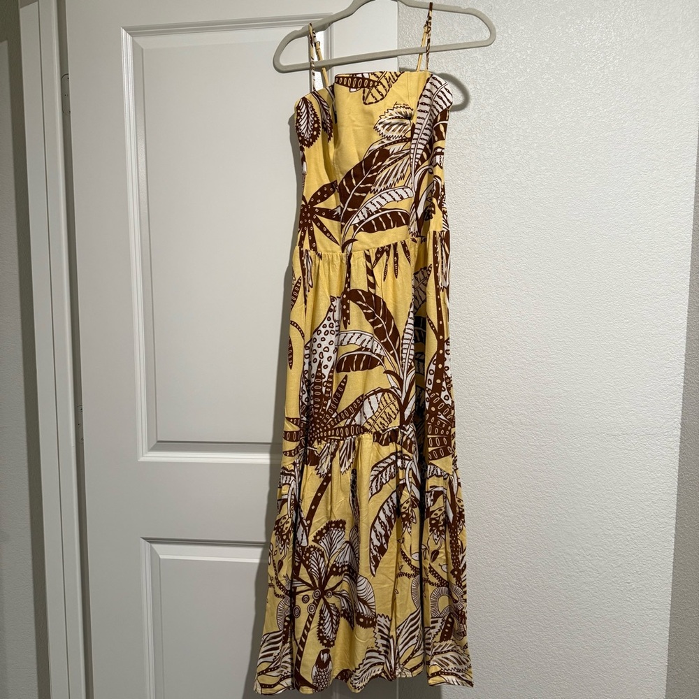 FARM Rio Yellow and Brown Leaf Maxi Dress nwt